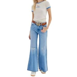 NWT Wrangler Jeans Womens 31 Blue Wanderer 622 High Rise Flare Distressed Boho